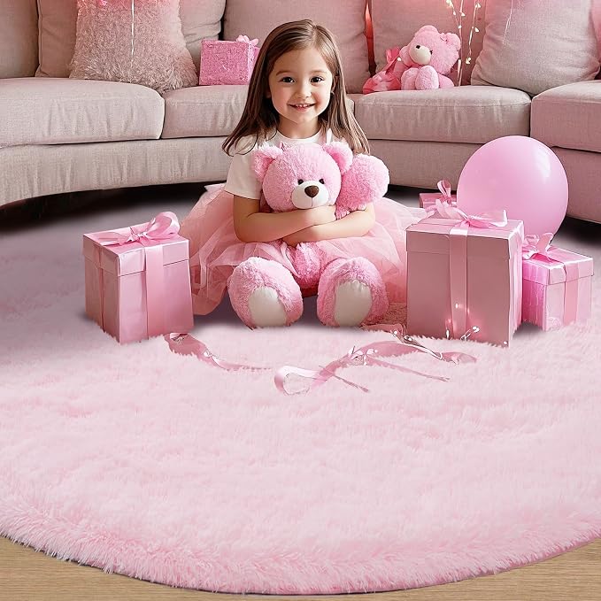 Round Fluffy Pink Rug 4x4ft: Ultra Soft Furry Girls Bedroom Carpet- Oval Plush - Image 3
