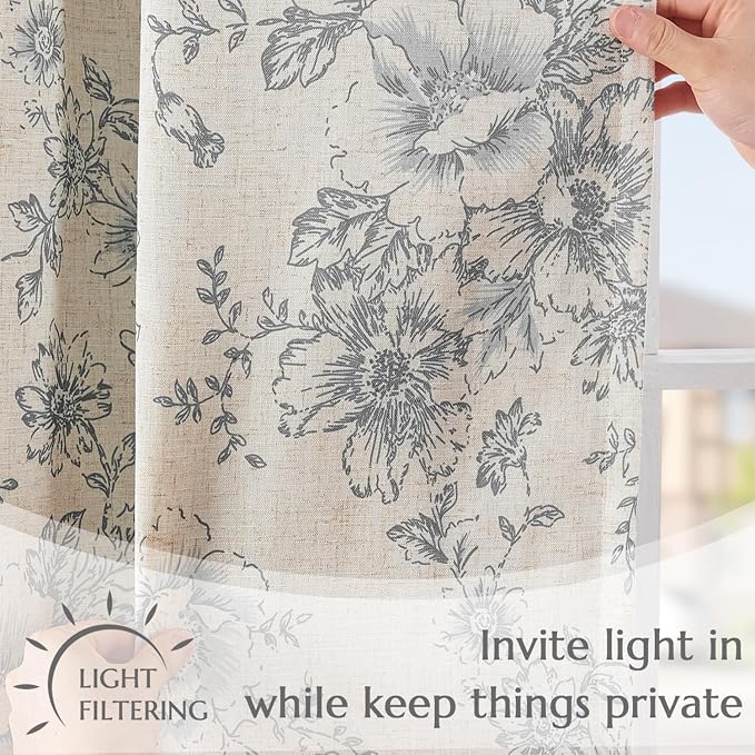 jinchan Tie Up Curtain Double Layer Linen Roman Shades Valance Curtain Floral - Image 3