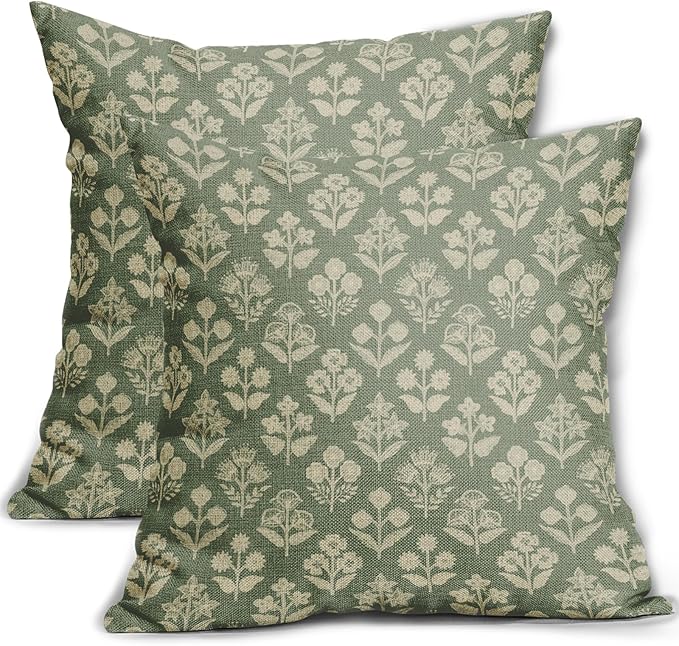 Sage Green Floral Block Print Pillow Covers 16x16 Inch Set of 2, Vintage Flower by Sivirary