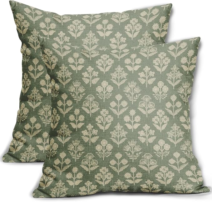 Sage Green Floral Block Print Pillow Covers 18x18 Inch Set of 2, Vintage Flower by Sivirary
