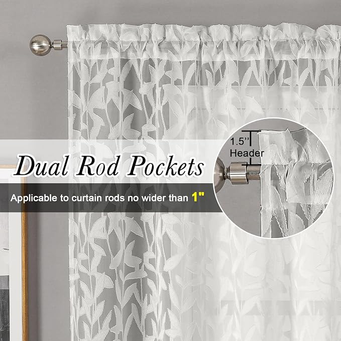 Lecloud Leia Ivory Sheer Curtains 96 Inches Long 2 Panels, Airy Voile Jacquard - Image 4