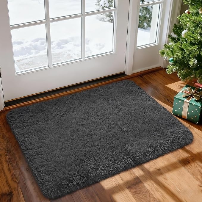 Merelax Fluffy Shaggy Small Area Rug, Dark Grey 2x3 Doormat Door Rugs - Image 2
