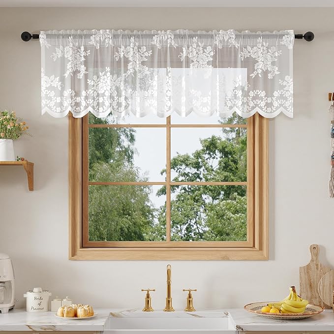 Rinwoc White Lace Semi-Sheer Valance Cafe Curtains – Vintage Floral Lace Tier by Rinwoc