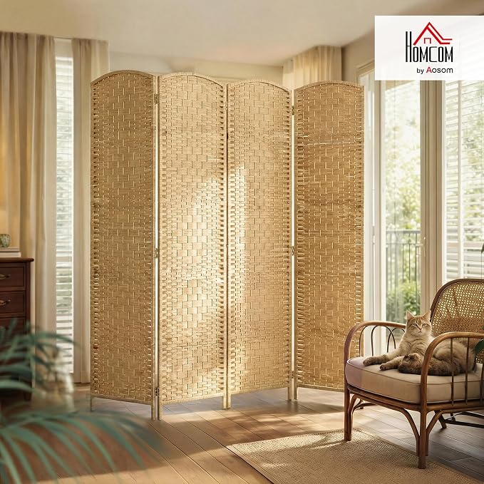 HOMCOM Room Divider, 6 Ft 4 Panel Folding Privacy Screen, Hand-Woven PP Wall - Image 2