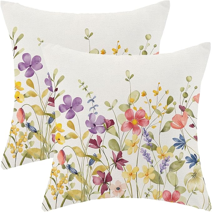 AEIOAE Spring Pillow Covers 18x18 Inch Set of 2, Colorful Wild Flower Leaves by AEIOAE
