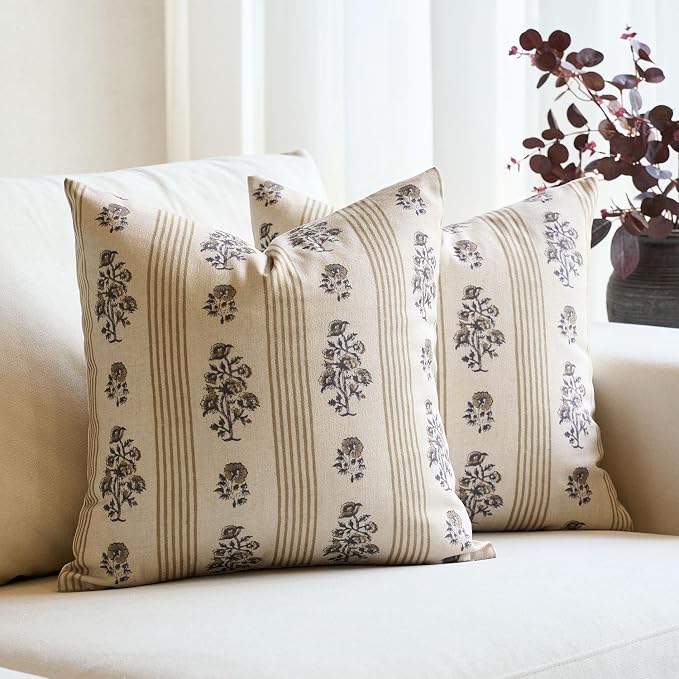 Amor Virisso Floral Throw Pillow Covers 24x24 Set of 2 Block Print Pillow by AffordableFloralPrintMaker