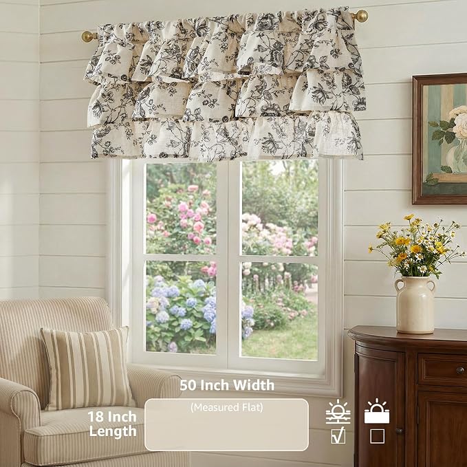 jinchan Amlie Ruffled Floral Valance Curtain Shabby Chic Linen Kitchen Valance - Image 3
