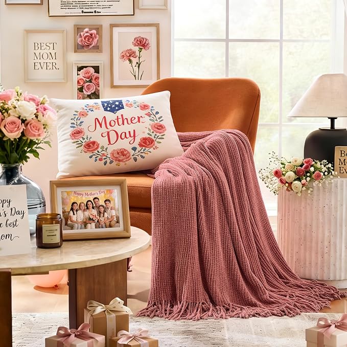 inhand Coral Pink Chunky Chenille Throw Blanket by inhand