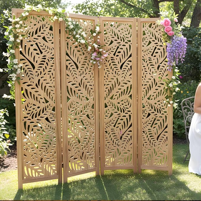 Boho Room Divider with Leaves Carving, 4-Panel Openwork Wood Screen, Decorative by Jostyle