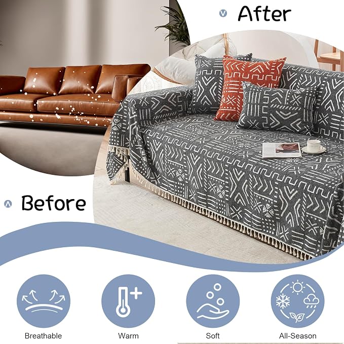 VClife Boho Black White Couch Cover Plush Soft Chenille Couch Cover - Image 6