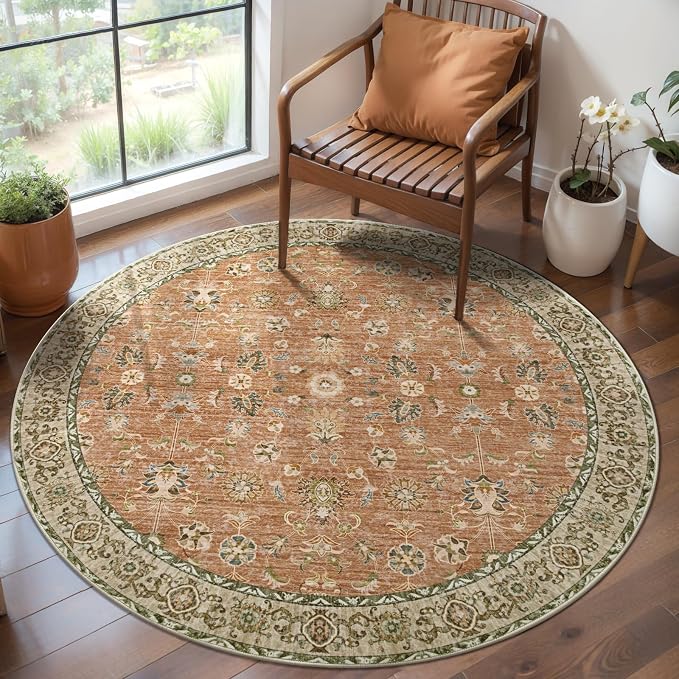 Tangsoo Vintage Round Rug 4ft Washable Circle Rug, Non Slip Small Terracotta by Tangsoo