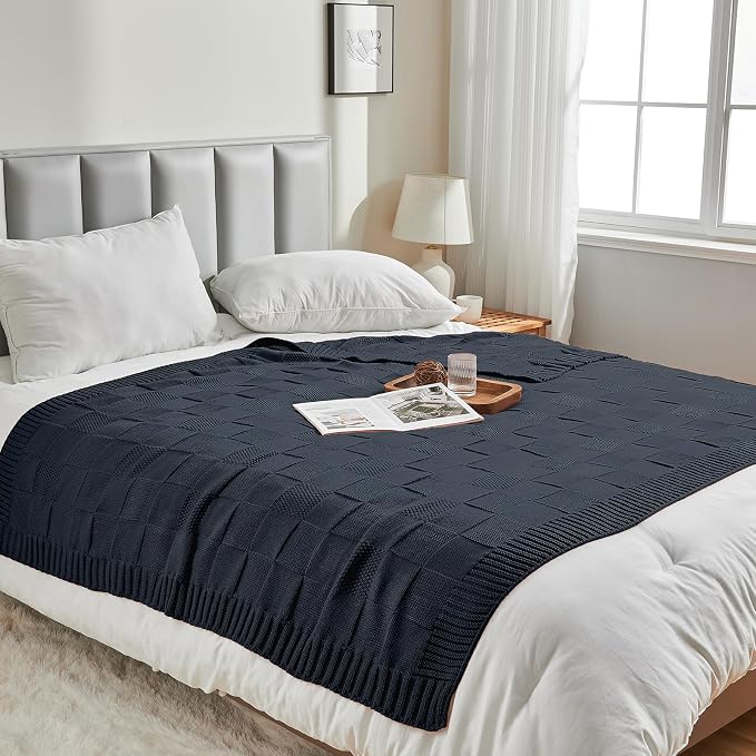 CozeCube Check Knit Throw Blanket, Midnight Navy Checkered Throw - Image 5