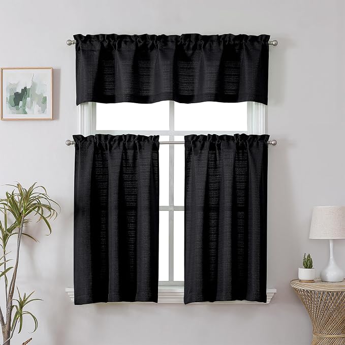 Chyhomenyc Black Faux Linen Textured Small Cafe Curtains, 30x30 Inch, Light - Image 2