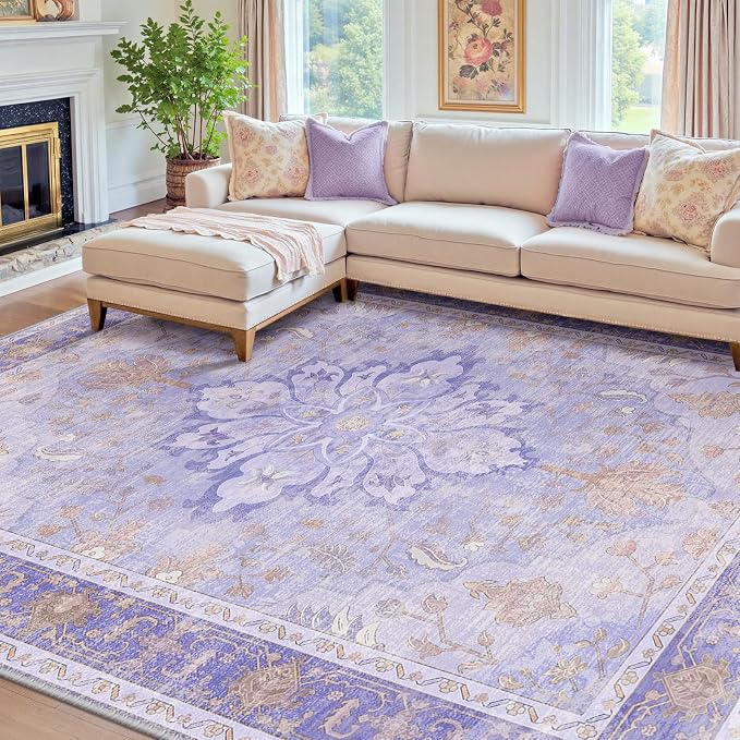 Area Rugs 8'x10' Washable Non-Slip, Floral Vintage Distress Print Pattern by RELEANY