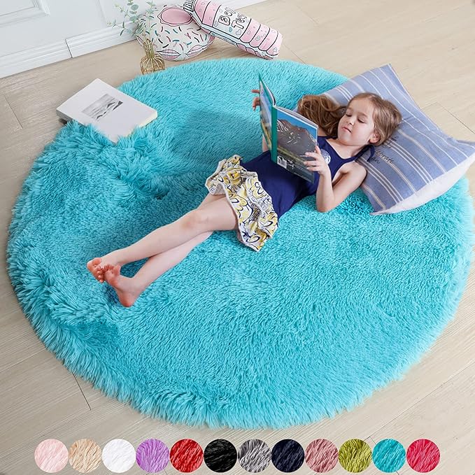 Amdrebio Blue Round Rug 5Ft for Bedroom, Fluffy Circle Area Rugs for Kids Room by Amdrebio