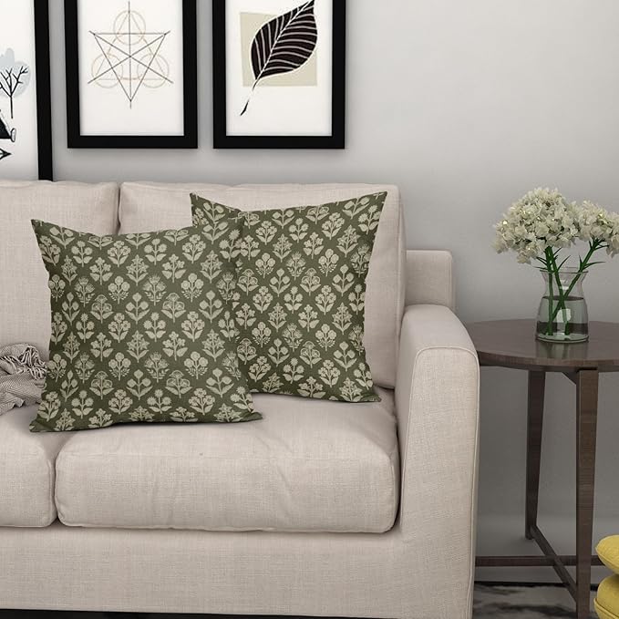 Olive Green Pillow Covers 24x24 Inch Set of 2, Vintage Flower Block Print - Image 7