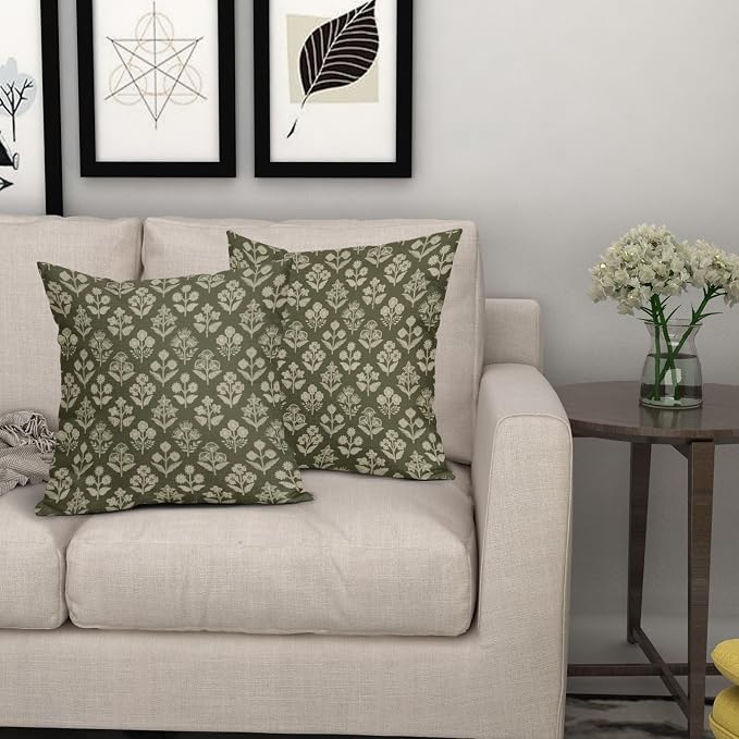 Olive Green Floral Block Print Pillow Covers 18x18 Inch Set of 2, Vintage - Image 7