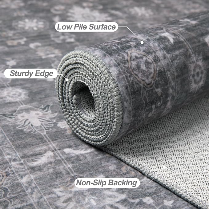 Tangsoo 5x7 Grey Rug for Living Room Non Slip, Washable Vintage Gray Floral Rug - Image 4