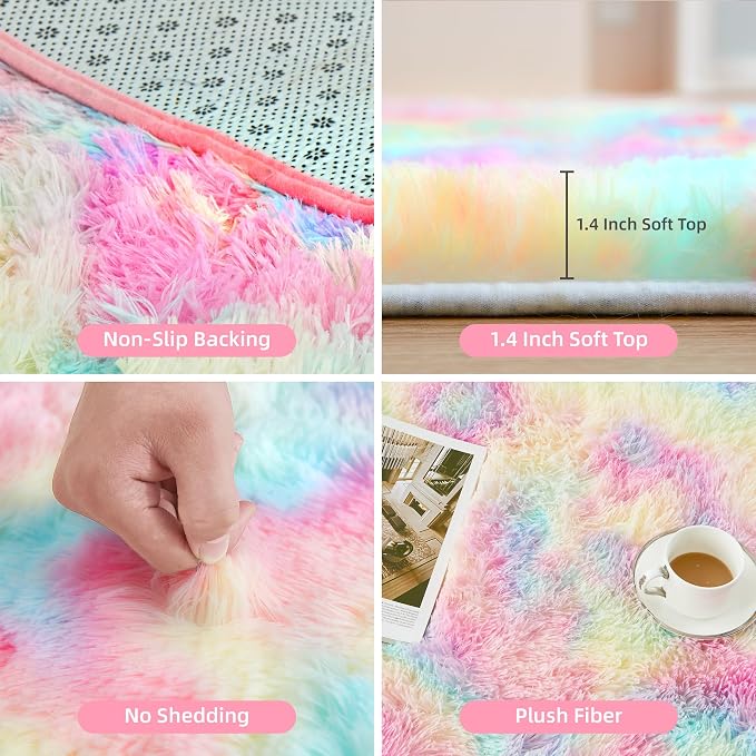 Litanika 6x9 Shag Area Rug for Living Room Bedroom, Tie-Dyed Rainbow High Pile - Image 5