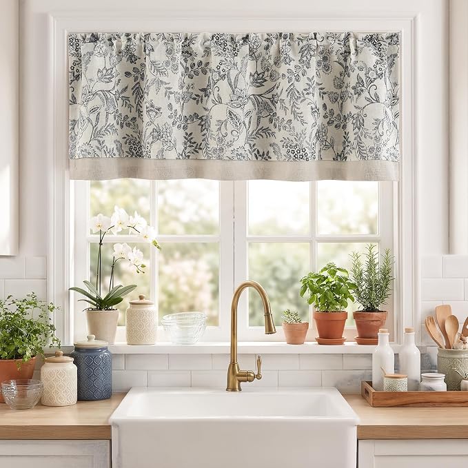 jinchan Linen Valance Curtain Farmhouse Floral Printed Small Window Curtain - Image 2