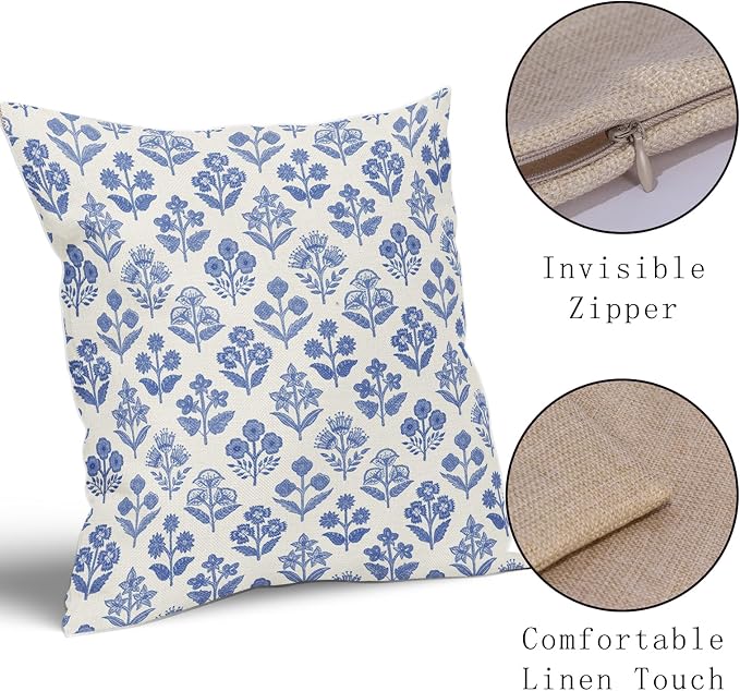 Blue Floral Block Print Pillow Covers 16x16 Inch Set of 2, Vintage Flower - Image 4