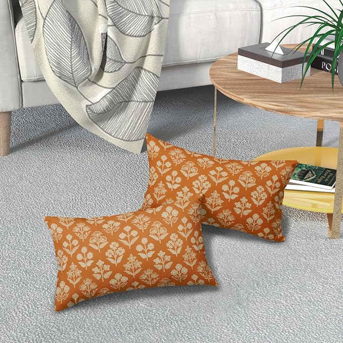 Burnt Orange Pillow Covers 12x20 Inch Set of 2, Cream Floral Block Print - Image 7
