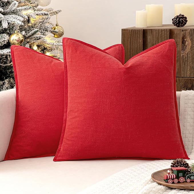 MIULEE Decorative Linen Pillow Covers 20x20 Inch Red ​Boho Farmhouse​ ​Neutral by MIULEE
