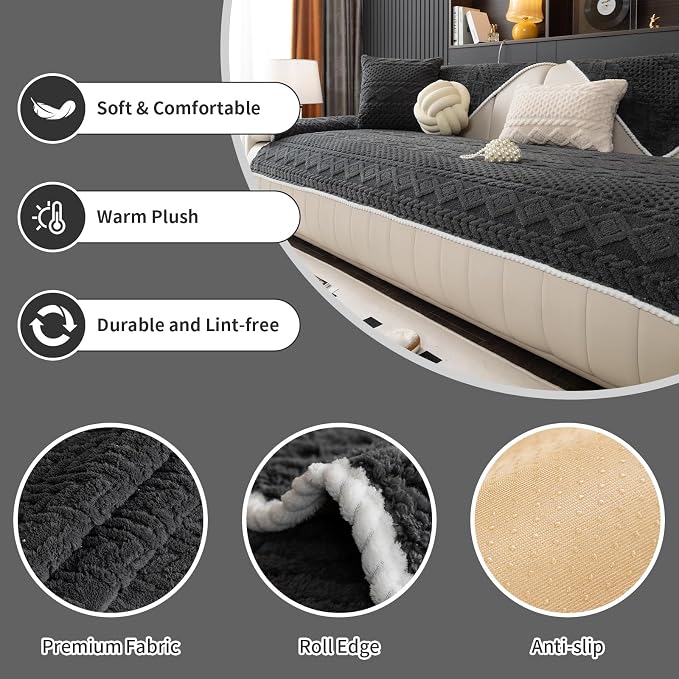 Geometric Jacquard Plush Warm Sofa Couch Cover, Soft Funny Fuzzy Couch Covers - Image 2