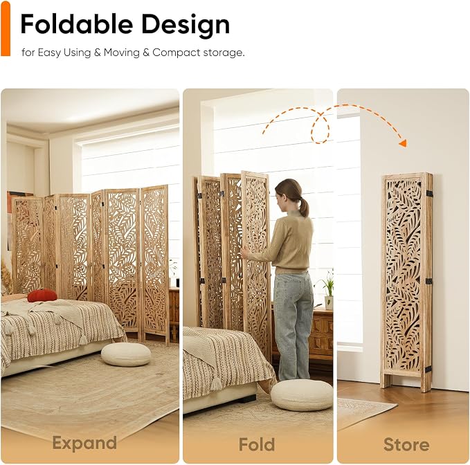 JOSTYLE Wooden Room Divider Screen, 6-Panel Screen Divider - Image 6
