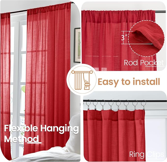 BGment Red Linen Curtains 54 Inch Length - Image 6