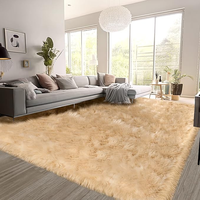 SERISSA Beige Faux Fur Sheepskin Rug 8x10 Feet, Large Fluffy Fuzzy Shaggy Area by SERISSAHomeDecorCollection