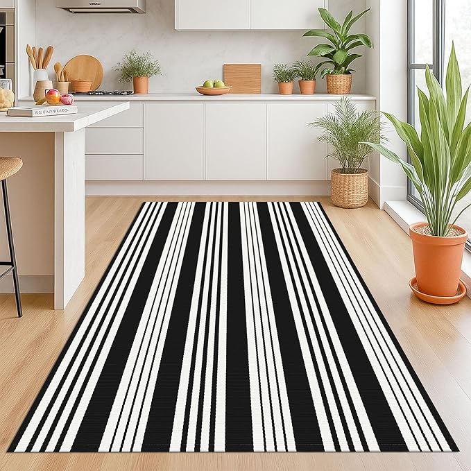 KOZYFLY Black and White Striped Outdoor Rug 4x6 Ft Area Rug Washable Indoor - Image 3
