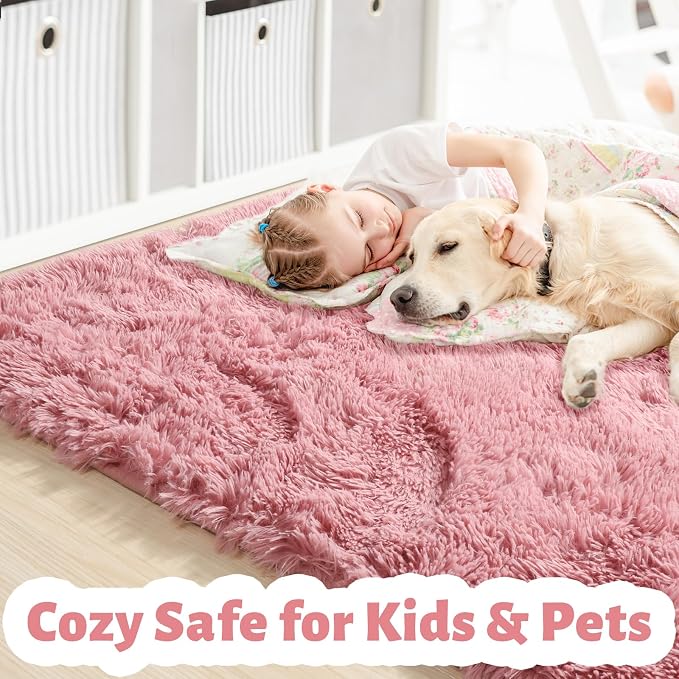 Amdrebio Blush Pink Area Rugs for Girls Bedroom Kids Room, 5x7 Fuzzy Furry - Image 2