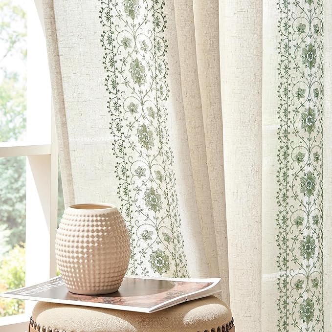 jinchan Weslie Boho Curtains for Bedroom Sage Green Vintage Floral Farmhouse by JINCHAN