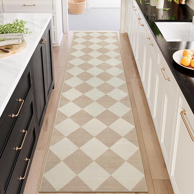 Beeiva Checkered Print Long Hallway Runner Rug Non Slip, Moroccan Trellis Home by Beeiva