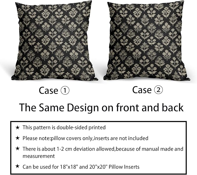 Black Floral Pillow Covers 22x22 Inch Set of 2, Vintage Flower Block Print - Image 6