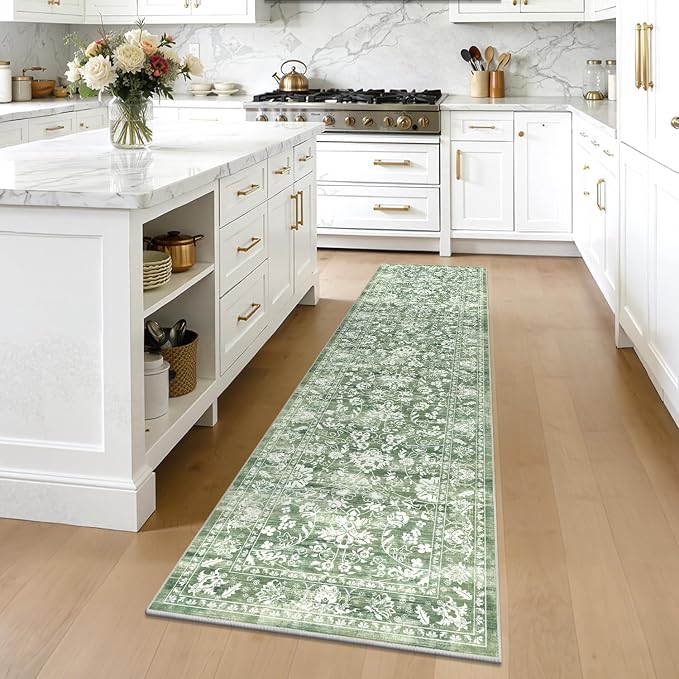 LOKHOM Washable Runner Rug, 2x8 Green Non-Slip Vintage Hallway Runner Rug - Image 3