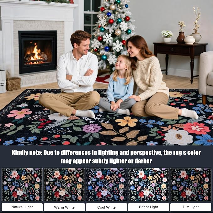 Round Area Rug for Living Room: 4 ft Floral Washable Circle Rug Soft Boho - Image 9