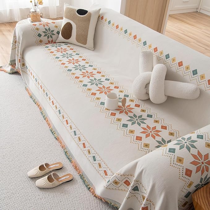 VClife Boho White Jacquard Couch Cover Soft Couch Cover - Image 5