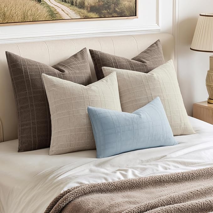 MIULEE Decorative Linen Check Lumar Throw Pillow Covers Neutral Farmhouse - Image 3