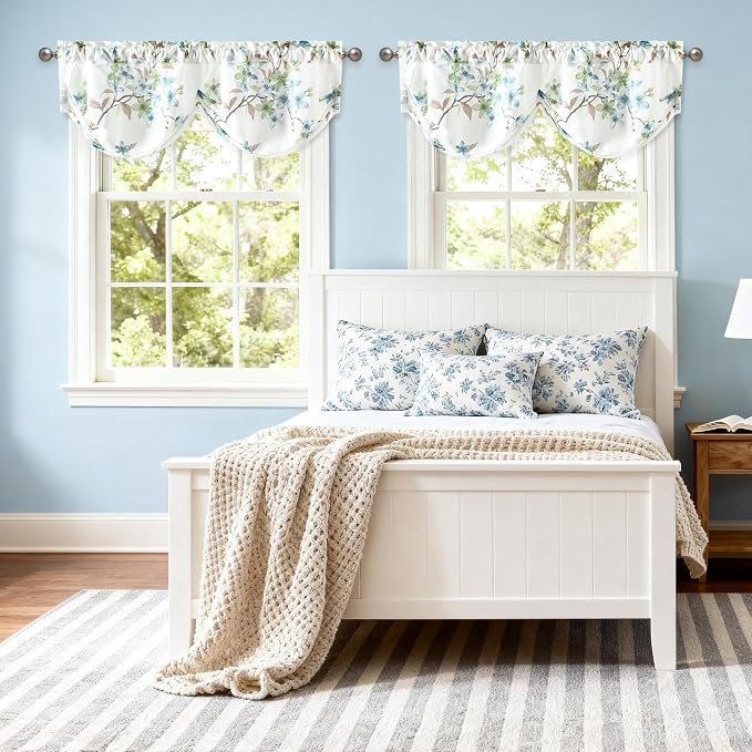 Leeva Flower Print Pleated Valance, Linen Textured Rod Pocket Window Curtain - Image 3