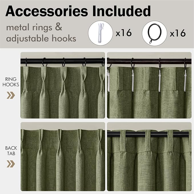 MIULEE Olive Green Pinch Pleated Linen Curtains 90 Inches Long 2 Panels - Image 8
