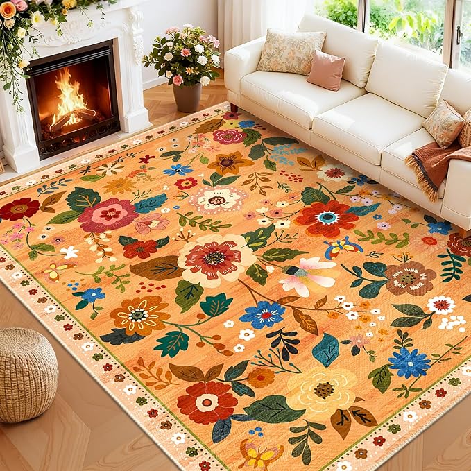 RELEANY Floral Nursery 8x10 Area Rugs Washable Print Boho Cute Carpet Non Slip by RELEANY