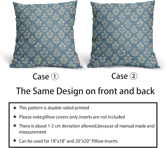 Light Blue Floral Pillow Covers 24x24 Inch Set of 2, Vintage Flower Block Print - Image 6