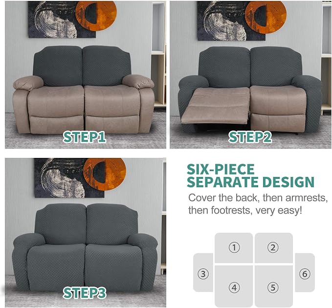 YEMYHOM 6 Pieces Stretch Loveseat Recliner Slipcover Jacquard Recliner Sofa - Image 7
