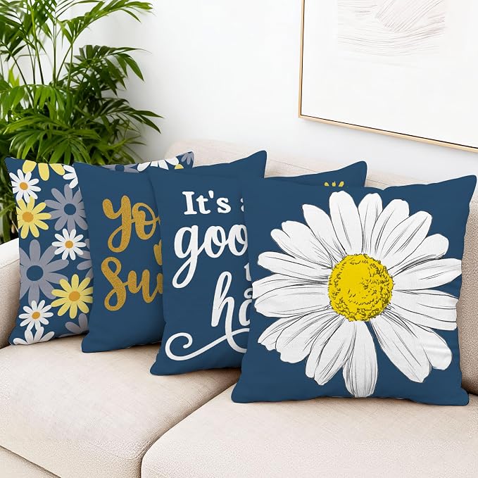 Hexagram Spring Summer Pillow Covers 16x16 Set of 4, Outdoor Floral Daisy - Image 2