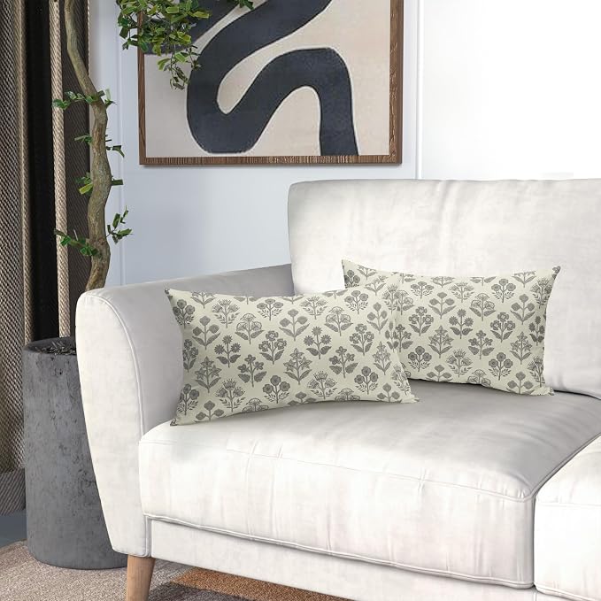Grey Gray Floral Pillow Covers 12x20 Inch Set of 2, Block Print Lumbar Flower - Image 6