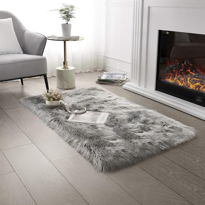 SERISSA Ultra Soft Faux Fur Area Rug Grey Fluffy Rug Plush Chair Cover Seat Pad by SERISSAHomeDecorCollection