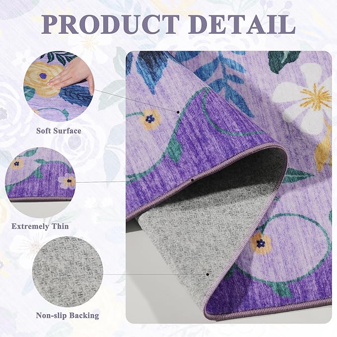 DUKINO 4x6 Area Rug, Lightweight Non Slip Washable Floral Rug, Indoor Low Pile - Image 4