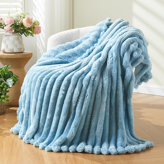 NEWCOSPLAY Super Soft King Blanket Blue Premium Silky Flannel Fleece 3D Ribbed - Image 7